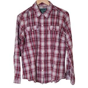Woolrich Women's Pearl Snap Western Plaid Long Sleeve Red White Shirt Size Large